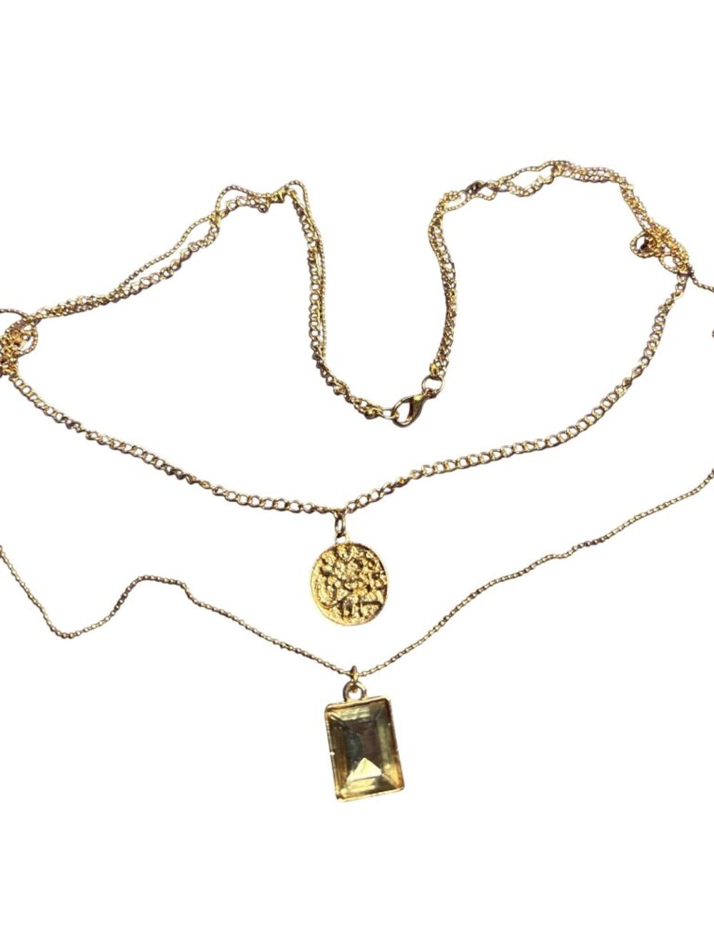 Goldtone 2 Strand Chain Necklace Textured Coin Rectangle Rhinestone